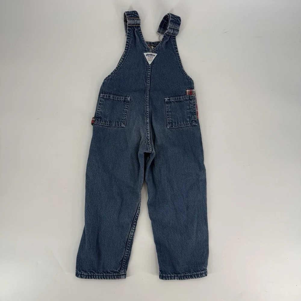 Oshkosh B'gosh Vintage Blue Denim Flannel Lined Patchwork Overalls Size 4T